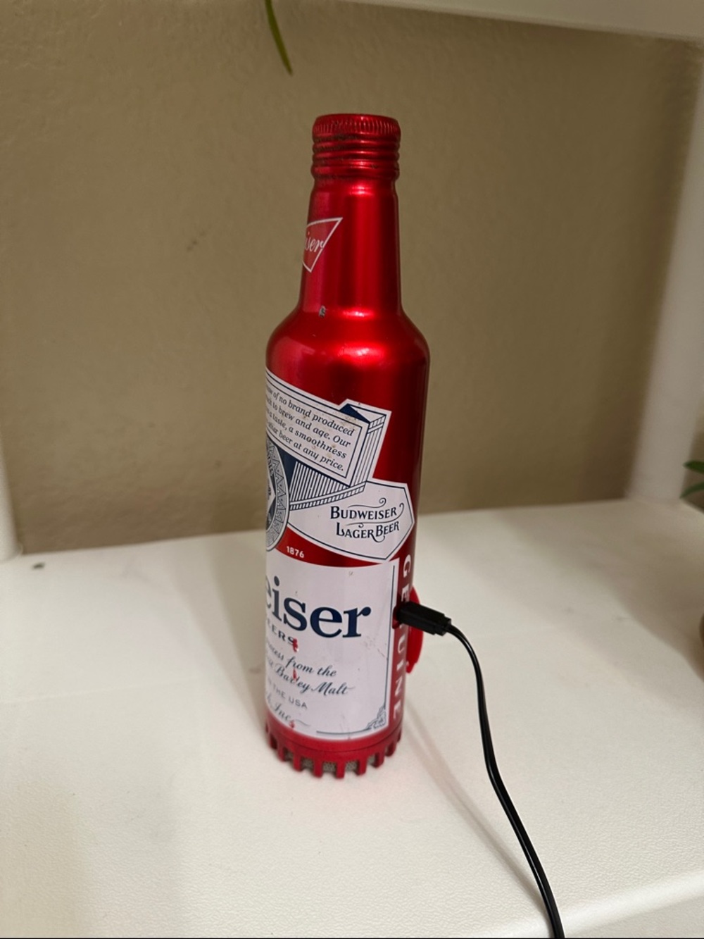 Budweiser Metallic Red Bottle Speaker with White Label